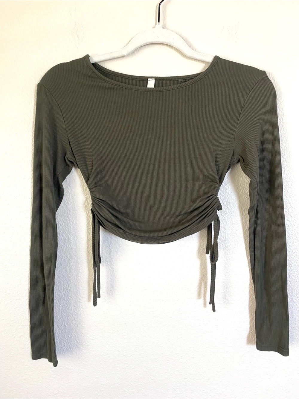 Chocolate Olive Green Ruched Long Sleeve Crop Top
